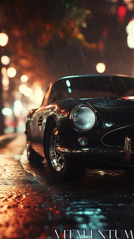 Classic sports car gleams under rainy neon city lights.