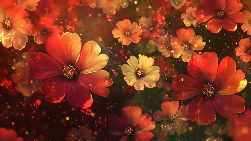 Red and orange cosmos flowers with particle light effects on dark background