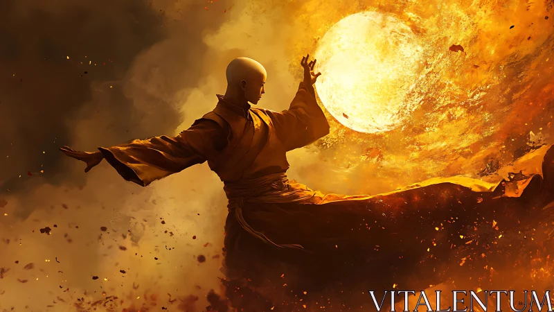 Monk mage controlling incandescent solar fire vortex.