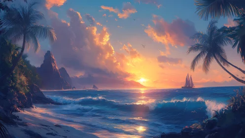 Tropical sunset seascape with sailboat and palm-framed shore.