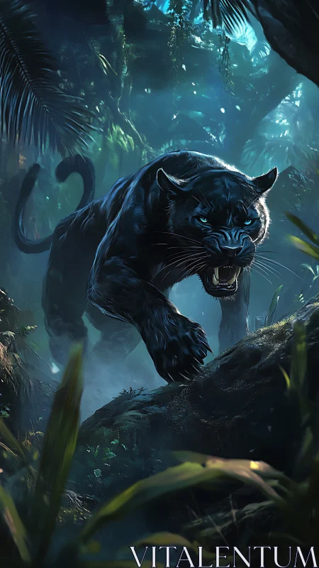 Midnight Prowler: Digital Panther in Mystical Jungle Depths.
