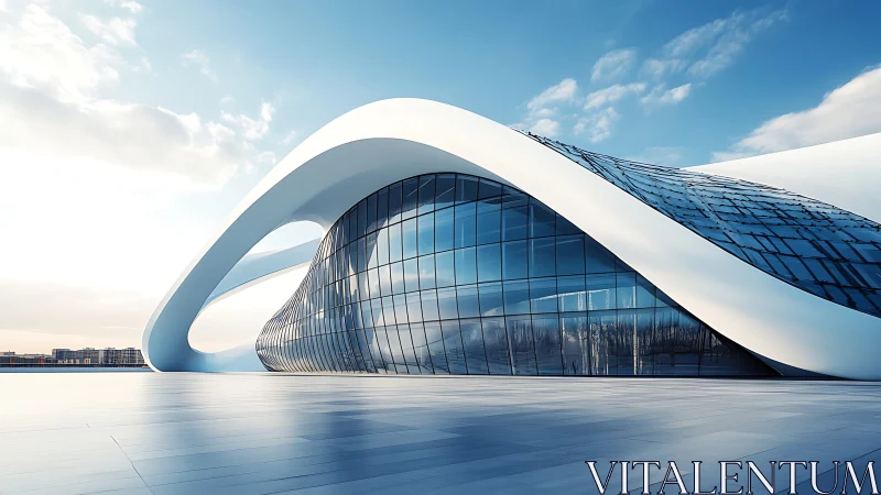 Curved white modern building with sweeping glass facade.