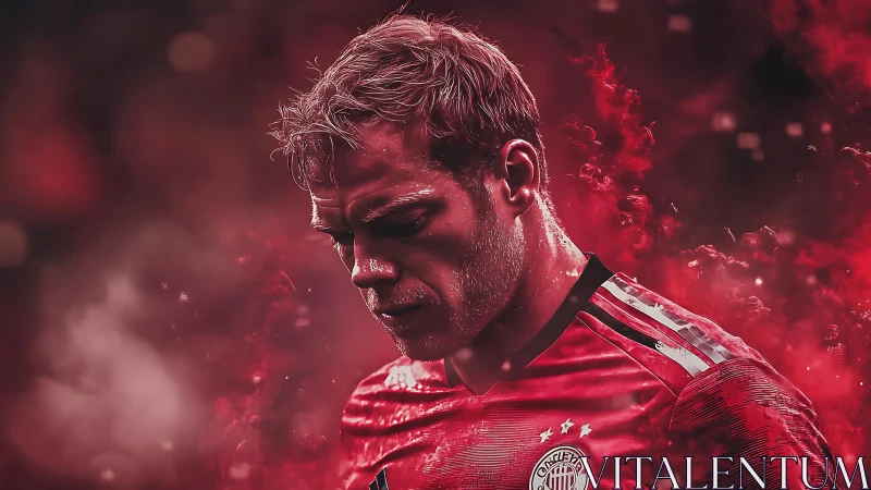 Focused football player in passionate red stadium glow.