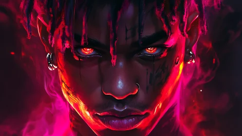 Infernal neon portrait with incandescent gaze and vaporous glow.