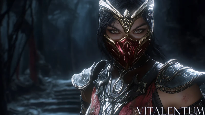 Armored masked warrior in volumetric forest lighting render.