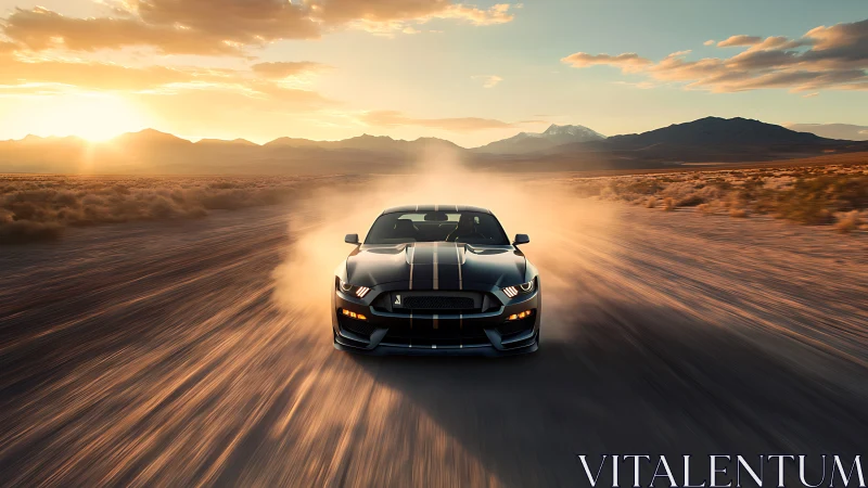 Sunlit muscle car charges across a dusty open desert road