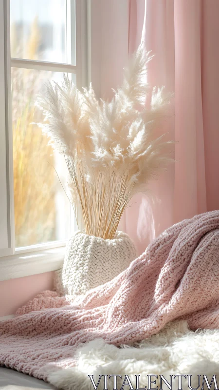 Soft light interior still life with pampas grass and textiles.