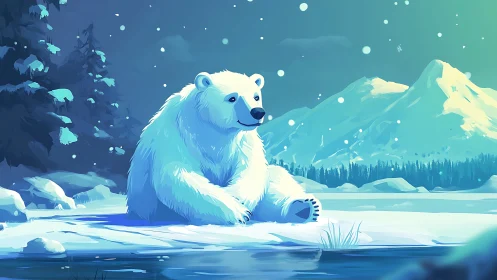 Stylized polar bear resting beside frozen lake in aurora light