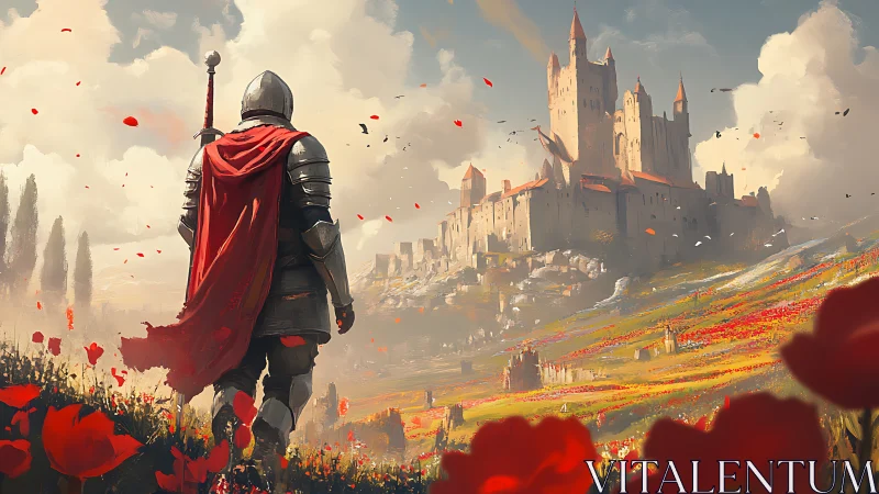 Lone armored knight approaching sunlit hilltop citadel.