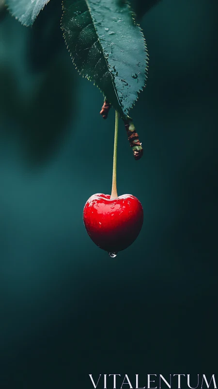 Macro optical study of single rain-kissed cherry fruit.