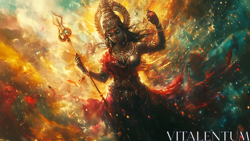 Warrior goddess rises through swirling cosmic firestorm