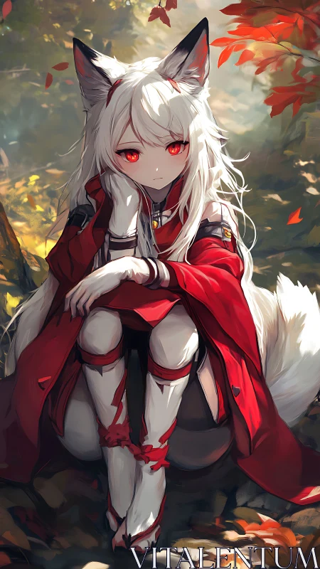 White haired fox girl in red cloak sitting in forest.