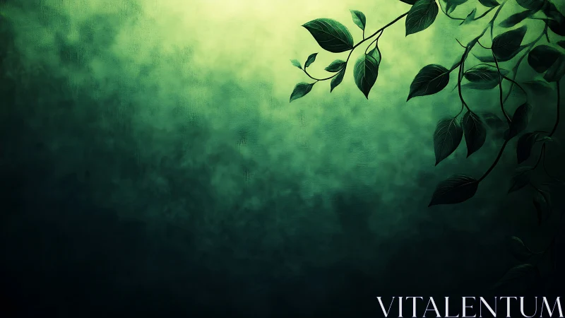 Whispering vine silhouettes against glowing emerald hush.