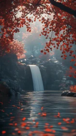 Crimson forest waterfall pours into reflective woodland pool