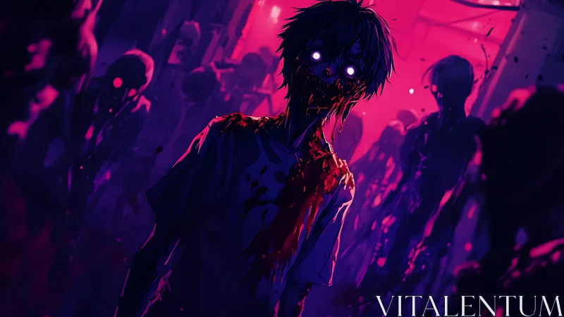 Glowing-eyed zombie youth stalks neon corridor of undead