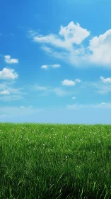 Vast grassy field under clear blue sky with scattered cumulus