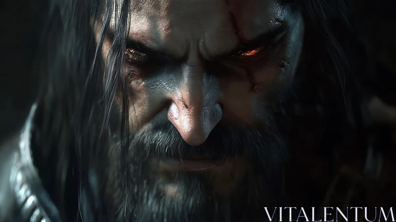 Scarred warrior’s burning gaze pierces the dark silence