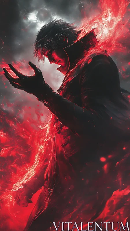 Dark coated figure with red energy aura in stormy sky.