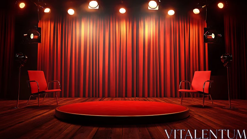 Warm spotlight stage set for cozy conversation and stories.