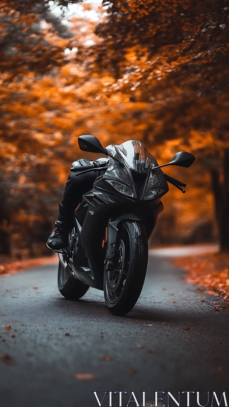 Midnight superbike gliding through copper-burnished forest hush.