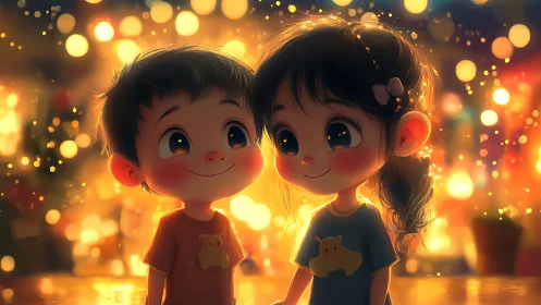 Two Smiling Children Glowing Against Warm Golden Bokeh.