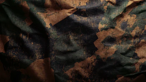 Textured camouflage fabric surface shows worn printed pattern