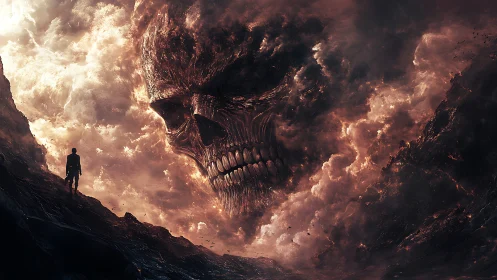 Storm-born skull titan looms over a lone wandering soul.