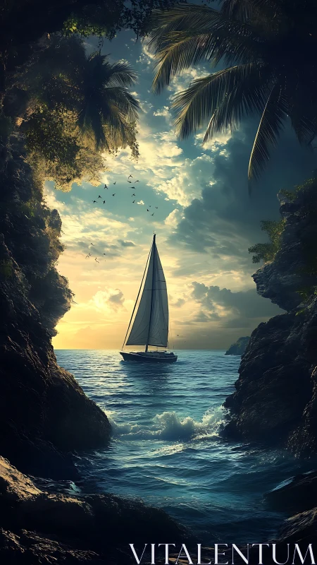 Sailboat viewed through rocky coastal gap at sunset.