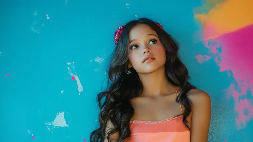 Digital portrait girl against bright turquoise graffiti wall.