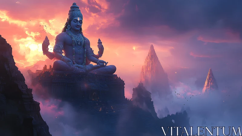 Giant blue deity statue over misty mountains at sunset.