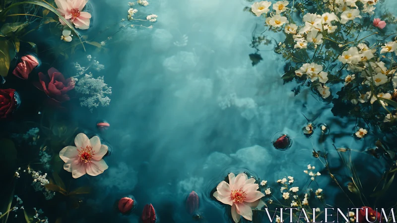 Floral Composition in Teal Water with Pink and Cream Blooms