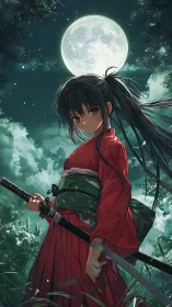 Moonlit blade girl beneath storm-bright samurai heavens.