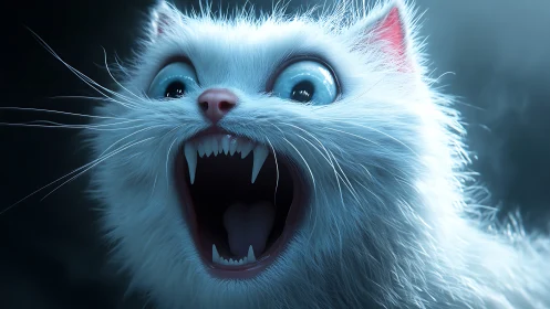 Hyper-detailed digital closeup of a fanged white cat portrait.