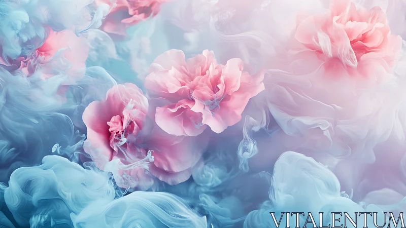 Dreamy pink blossoms drift softly through pastel clouds