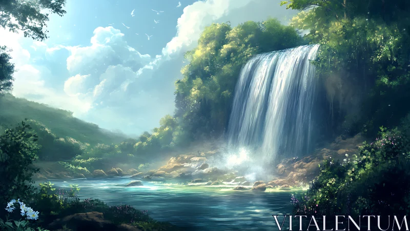 Luminous forest waterfall cascade with misted pool and clouds