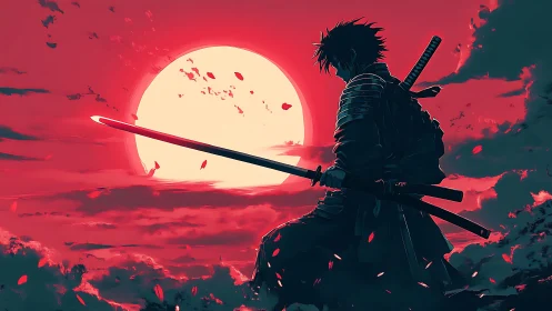 Scarlet horizon samurai pausing beneath a burning moon.