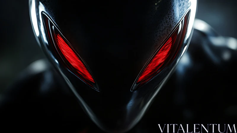 Symmetrical close-up of dark alien head with red eyes.