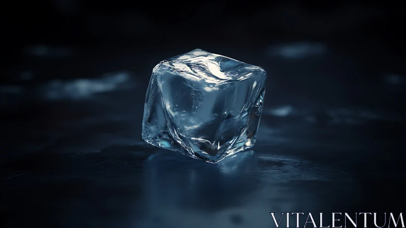 Single ice cube rests on reflective dark surface in focus