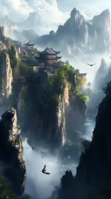 Mountain temple city rises above misty canyon waterfalls