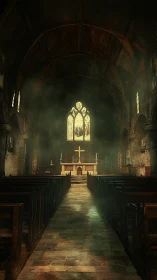 Gothic church nave with misty light over central altar.
