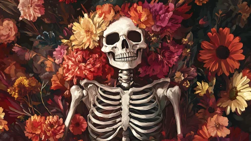 Skeleton surrounded by vivid flowers in digital still life.