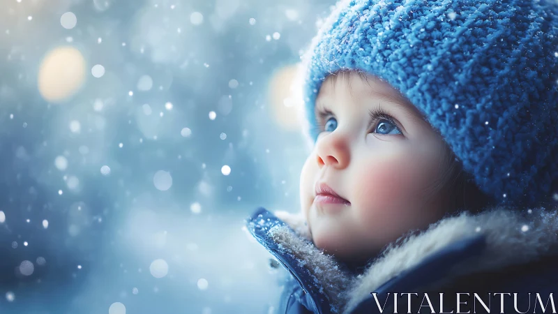 Child in Winter Clothing Gazes at Snowy Sky.