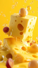 Melted Swiss cheese cube with grapes in vivid yellow splash.