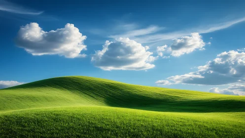 Sunlit grass-covered hill under cumulus clouds and blue sky
