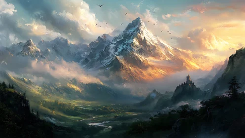 Sunlit fantasy mountains rise over misty valley kingdom