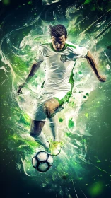 Dynamic soccer forward drives ball through neon energy field.