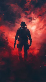 Lone soldier strides through burning crimson battlefield haze