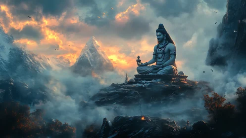 Mountain deity statue overlooks misty fiery sunrise peaks.