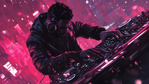 Neon storm DJ bends citylight into pulsing night rhythms.