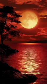 Scarlet moonrise bathes tranquil shoreline in molten light.